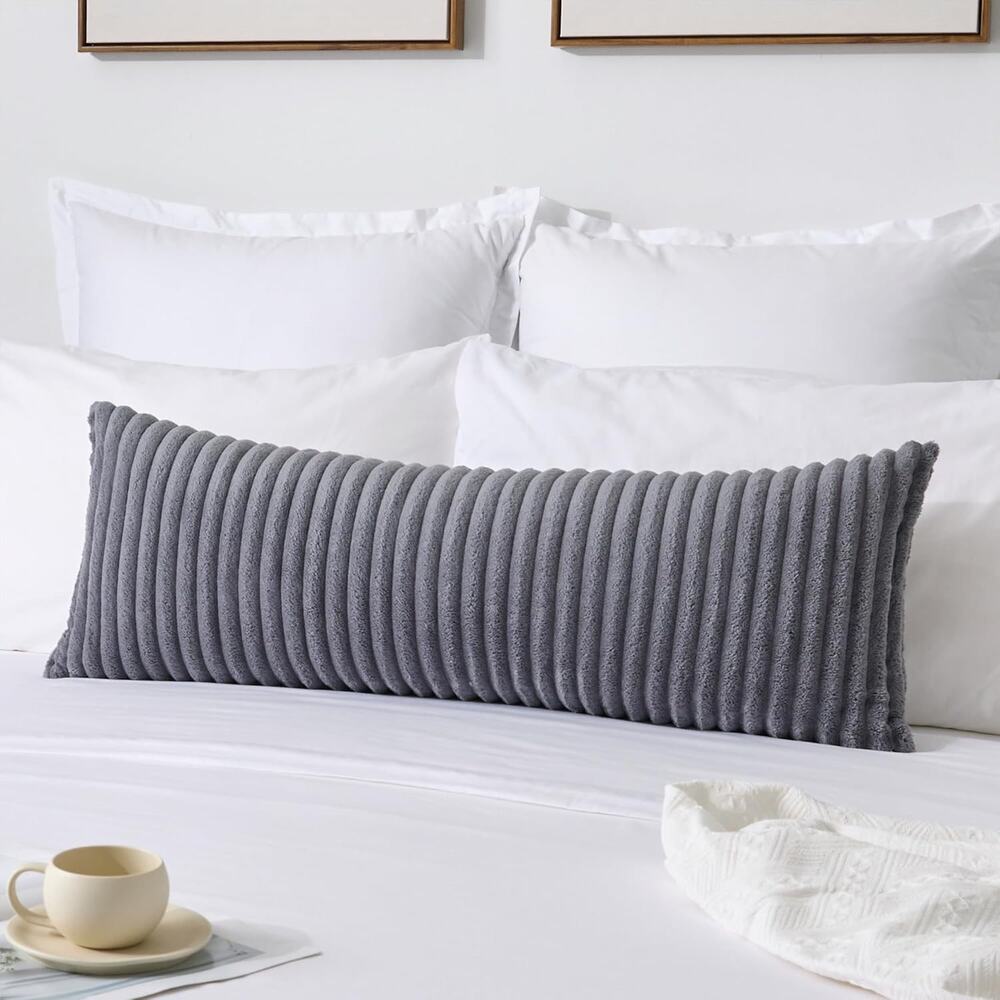 Super Soft Plush Gray 14 x 36 long Pillow Cover Faux Fur Lumbar Bolster Accent